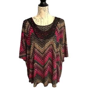 Lavish Womens Size 1X Boho Top Multicolor Crochet Neckline Batwing Sleeves NWT